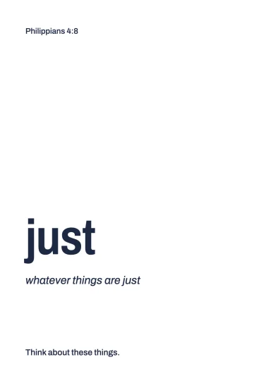 Card 3: the word just, with the line "whatever things are just"