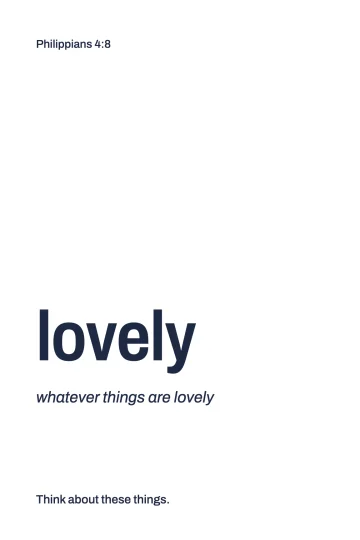 Card 5: the word lovely, with the line "whatever things are lovely"