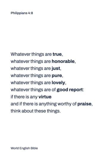 The whole-verse card: Philippians 4:8 with the eight words in bold