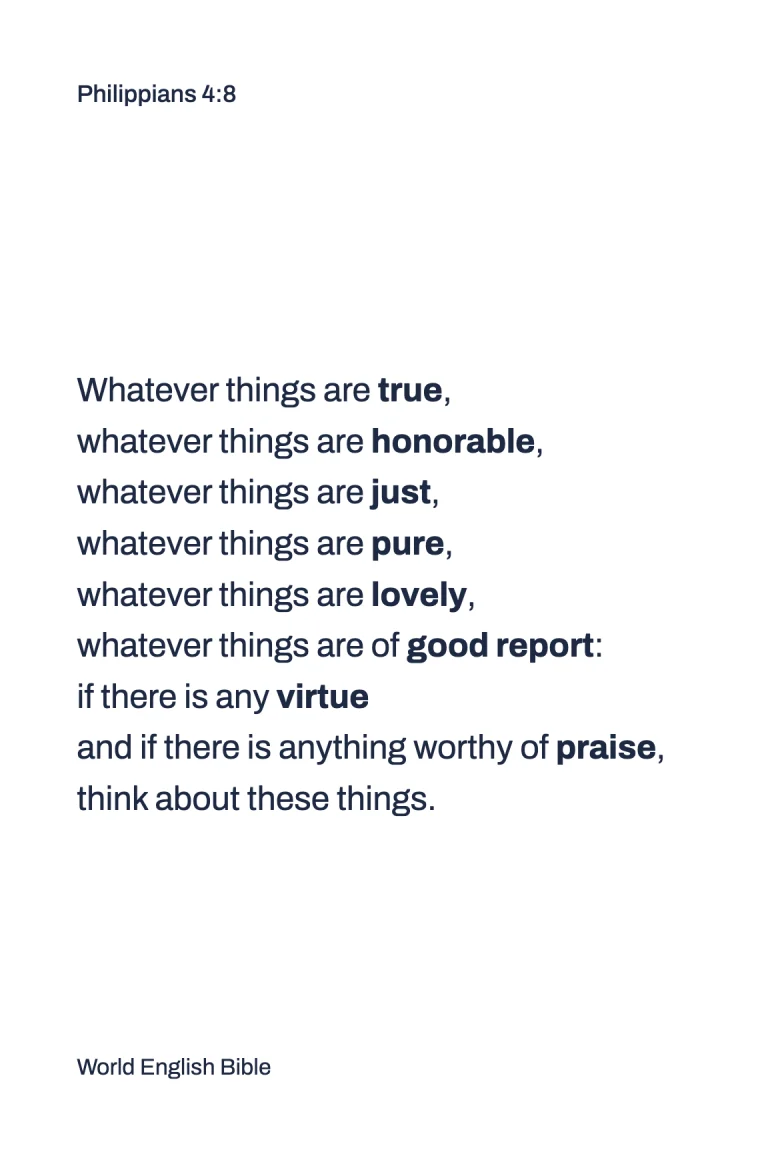 The whole-verse card: Philippians 4:8 with the eight words in bold